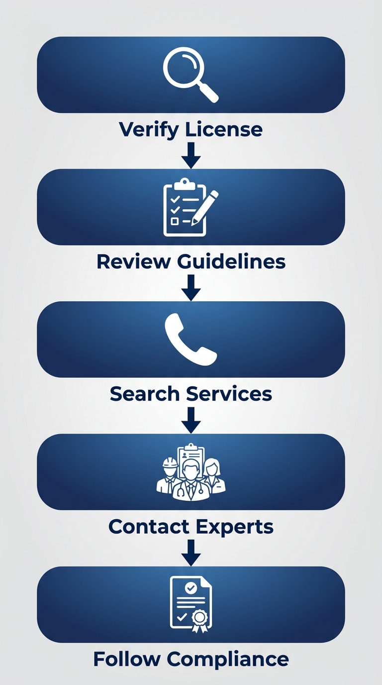 Vertical process flow diagram illustrating 5 steps to secure emergency electrical help in San Diego: verify license, review guidelines, search services, contact experts, and follow compliance.