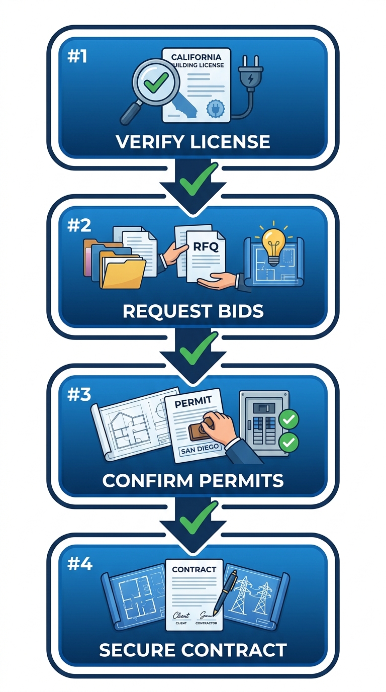 Vertical process flow diagram illustrating four steps to hire an electrician in San Diego: verify license, request bids, confirm permits, secure contract.