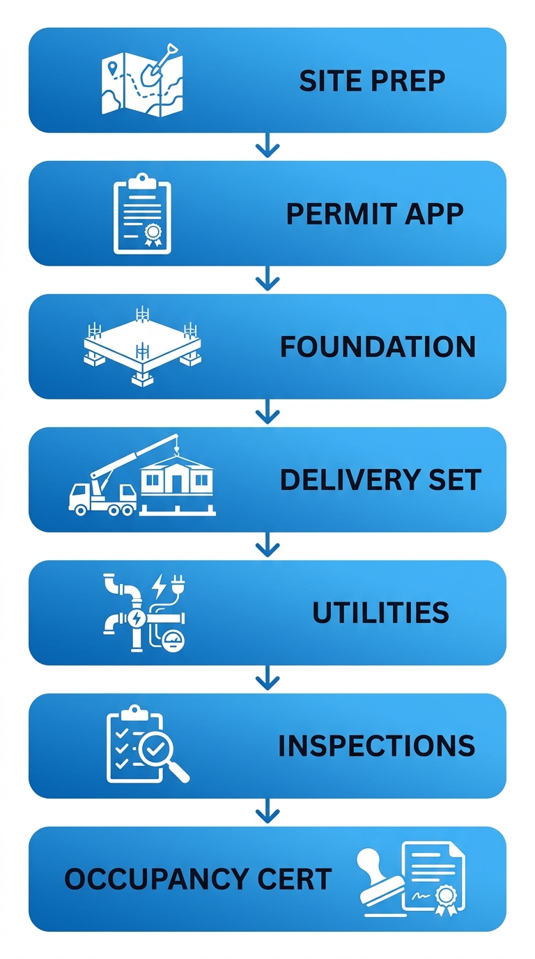 Vertical process flow diagram of 7 steps for manufactured home installation: site preparation, permit application, foundation, delivery and setting, utility connections, inspections, and certificate of occupancy.