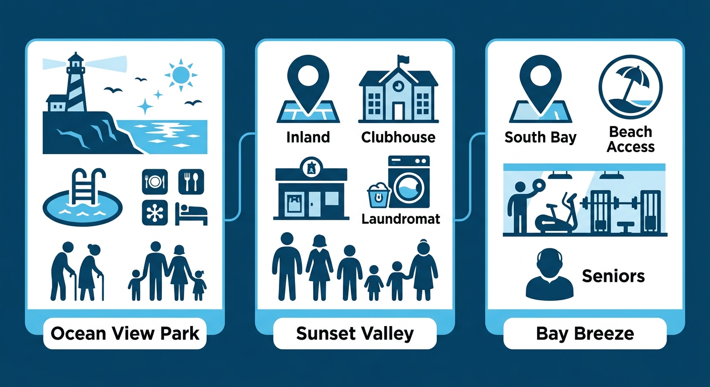 Infographic illustrating three top manufactured home parks in San Diego with icons for locations, amenities, and community types.