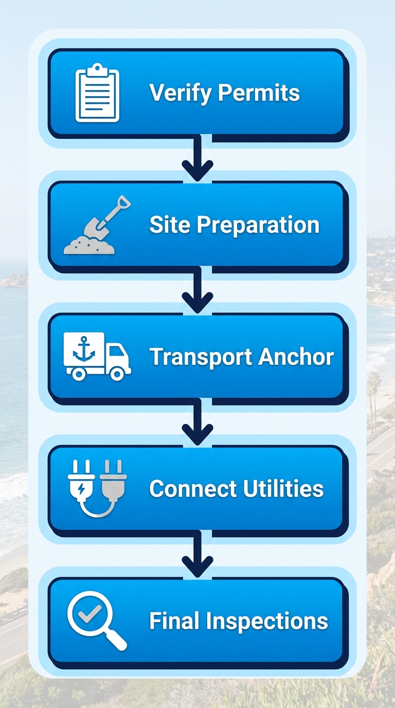 Vertical process flow diagram illustrating five key steps for setting up a manufactured home in San Diego: verify permits, site preparation, transport and anchor, connect utilities, final inspections.