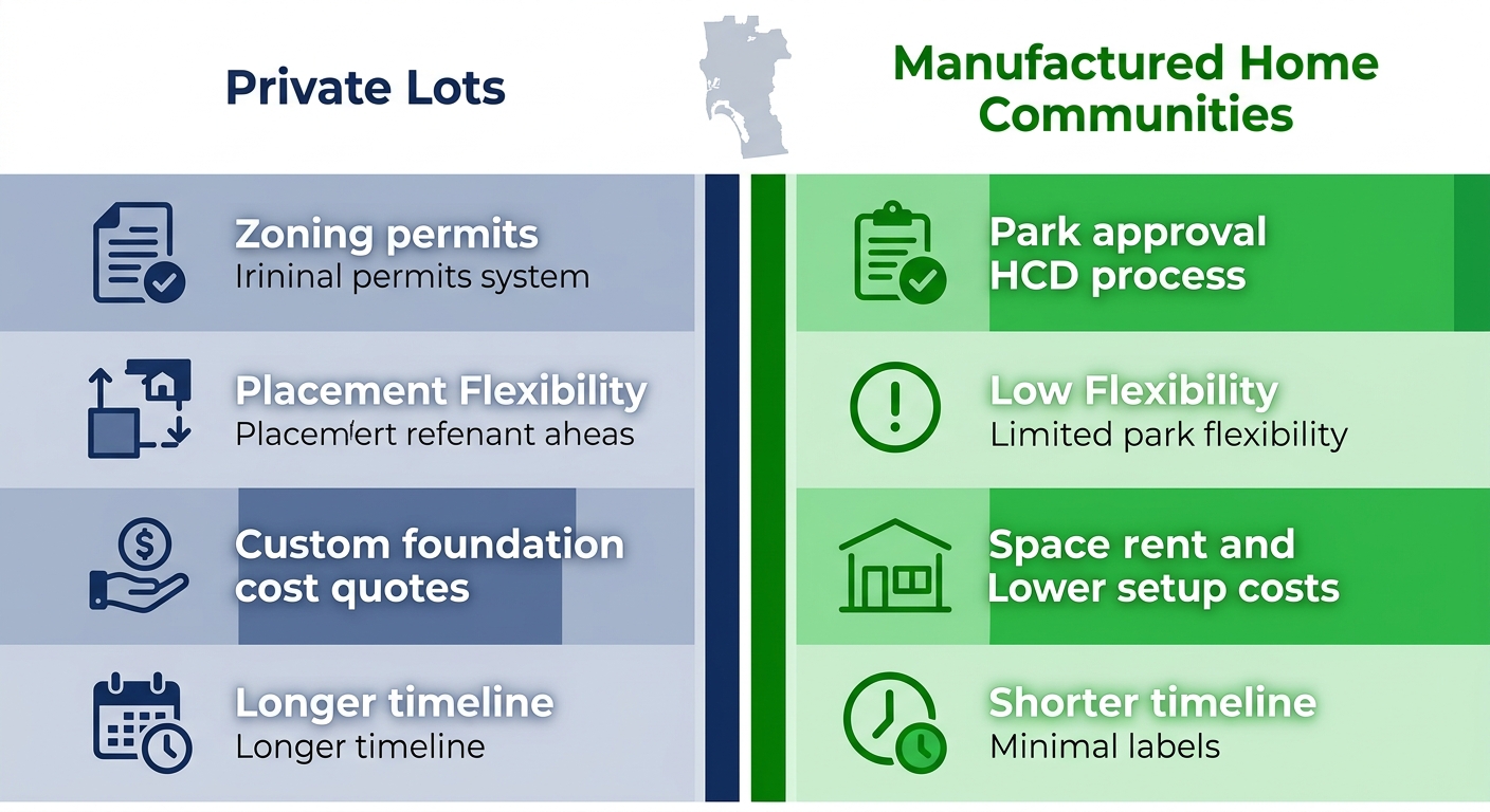 Infographic comparing private lots and manufactured home communities in San Diego with icons for permits, flexibility, costs, and timelines