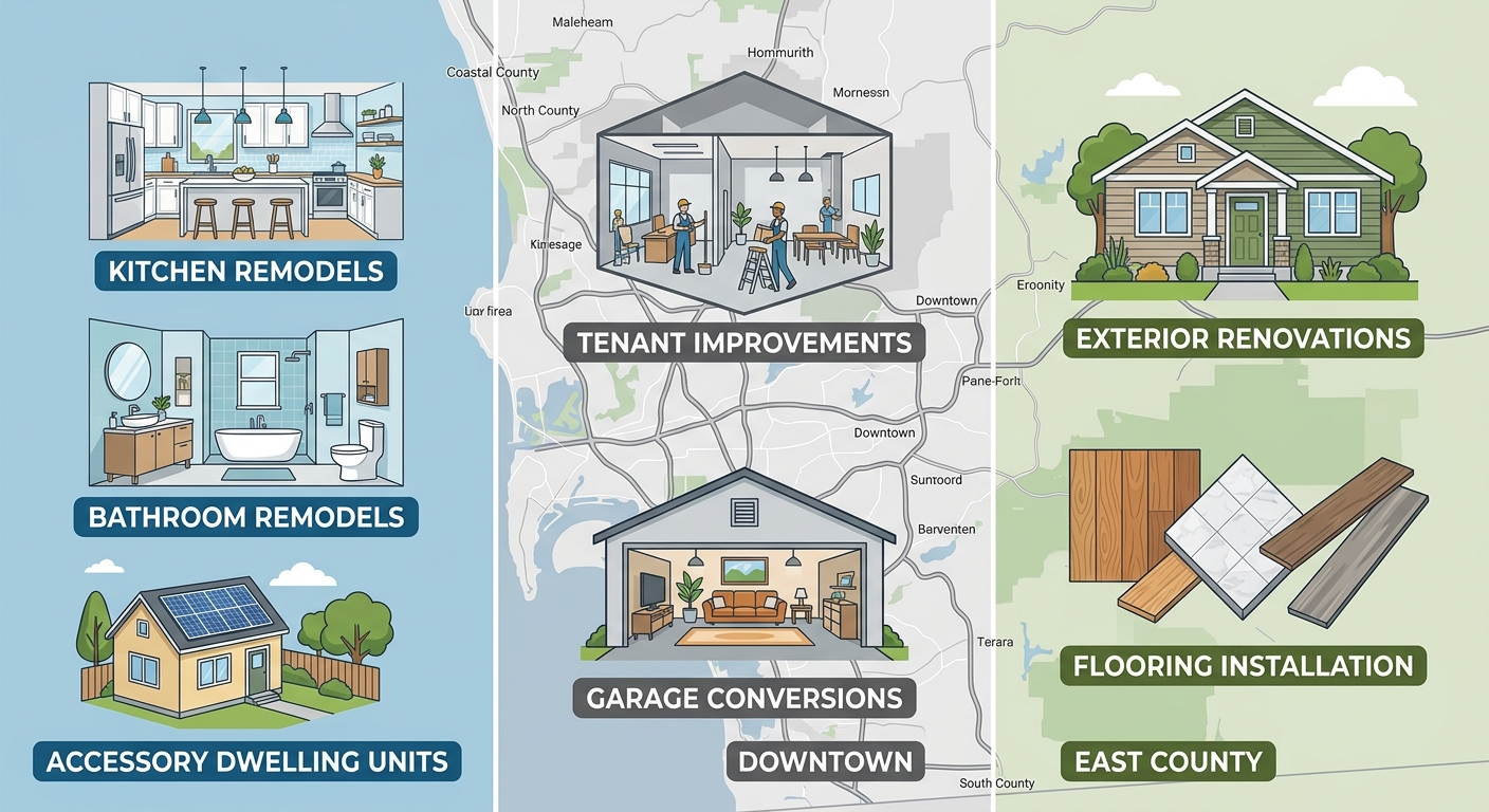 Infographic comparing San Diego neighborhoods for remodeling: North County kitchens baths ADUs, Downtown tenant improvements garage conversions, East County exteriors flooring