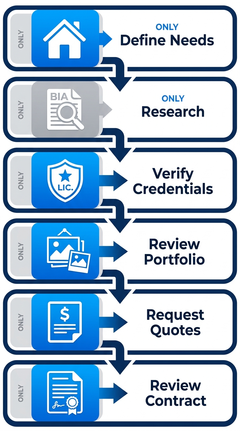 Vertical process flow diagram illustrating 6 steps to hire a San Diego remodeling contractor with icons and minimal labels