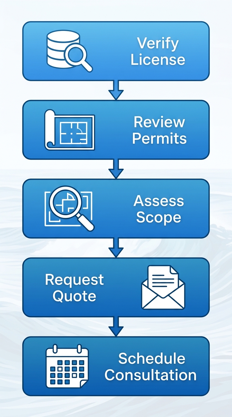 Vertical process flow chart illustrating five key steps to start a whole home remodel in San Diego