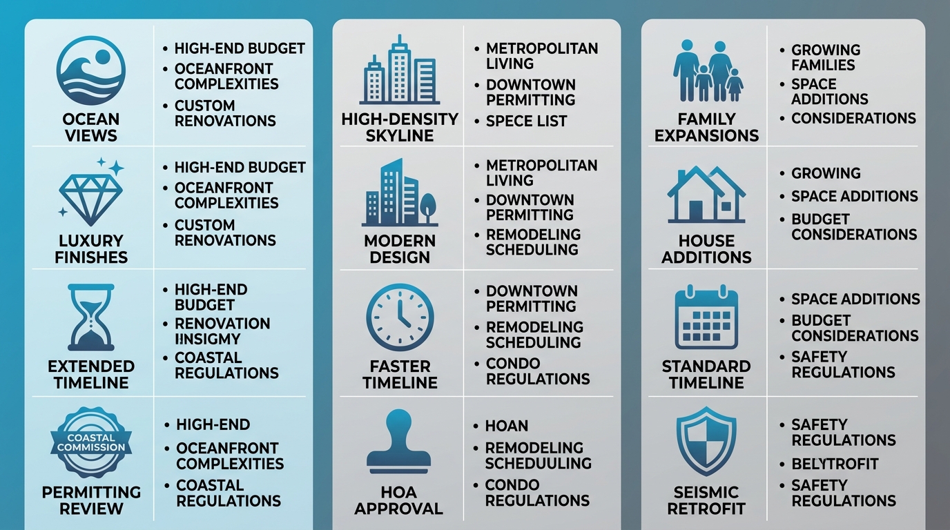 Infographic comparing home remodeling considerations in La Jolla, Downtown, and Chula Vista San Diego neighborhoods