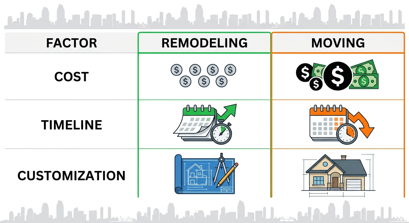 Infographic table comparing remodeling versus moving in San Diego across cost, timeline, and customization with icons and green-orange accents.