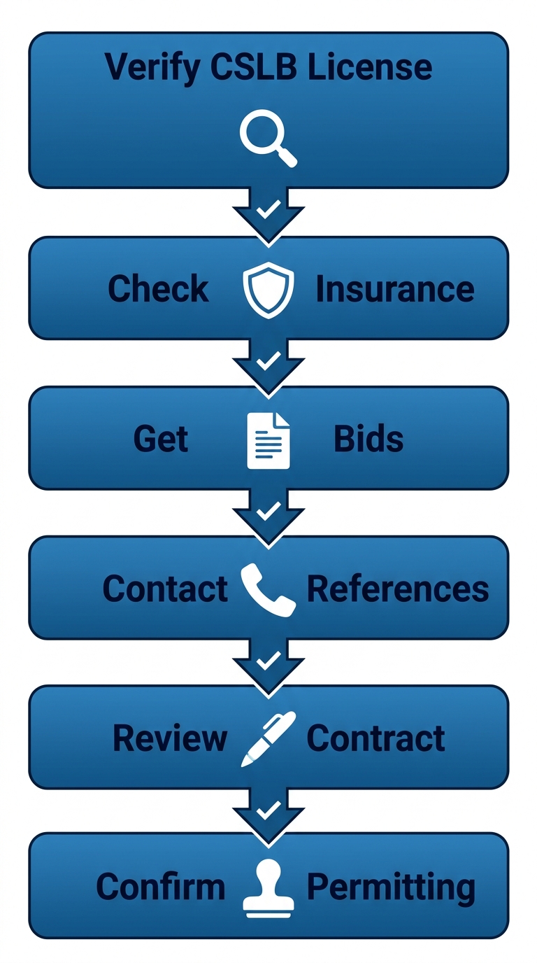 Vertical process flow diagram illustrating six steps to hire a residential electrician: verify license, check insurance, get bids, contact references, review contract, and confirm permitting with icons and arrows.