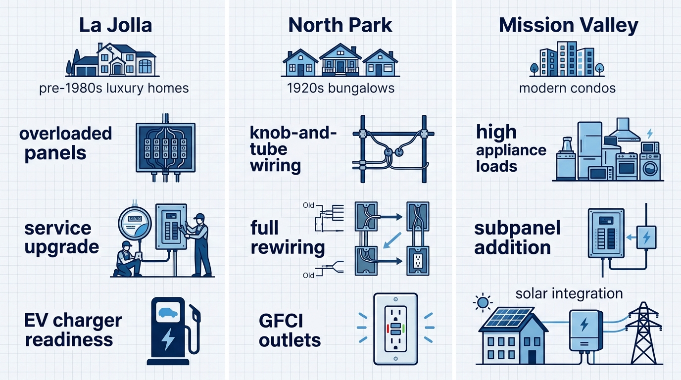Infographic comparing electrical challenges and recommendations in La Jolla, North Park, and Mission Valley neighborhoods in San Diego