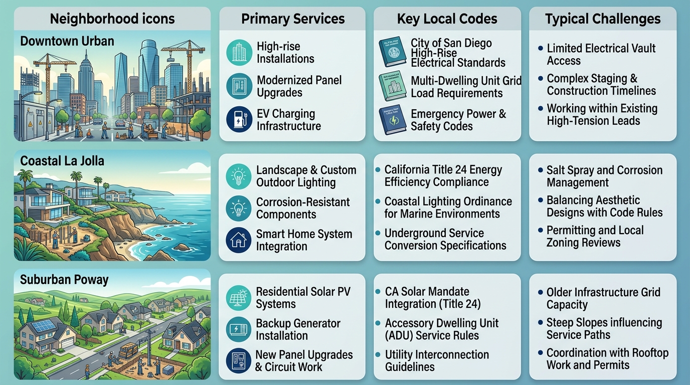 Infographic comparing electrical services needs, codes, and challenges across San Diego neighborhoods