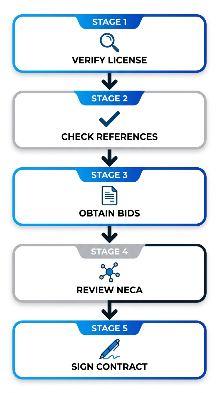 Vertical process flow diagram illustrating 5 steps for hiring electrical contractors in San Diego