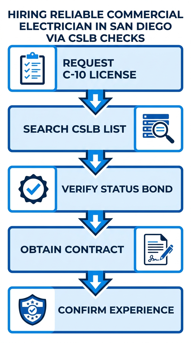 Vertical process flow diagram outlining steps to hire a reliable commercial electrician in San Diego using CSLB verification