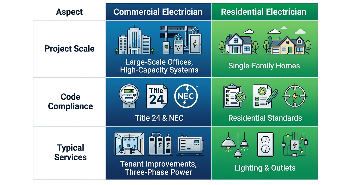 Infographic comparing commercial and residential electricians in San Diego by project scale, code compliance, and services with icons