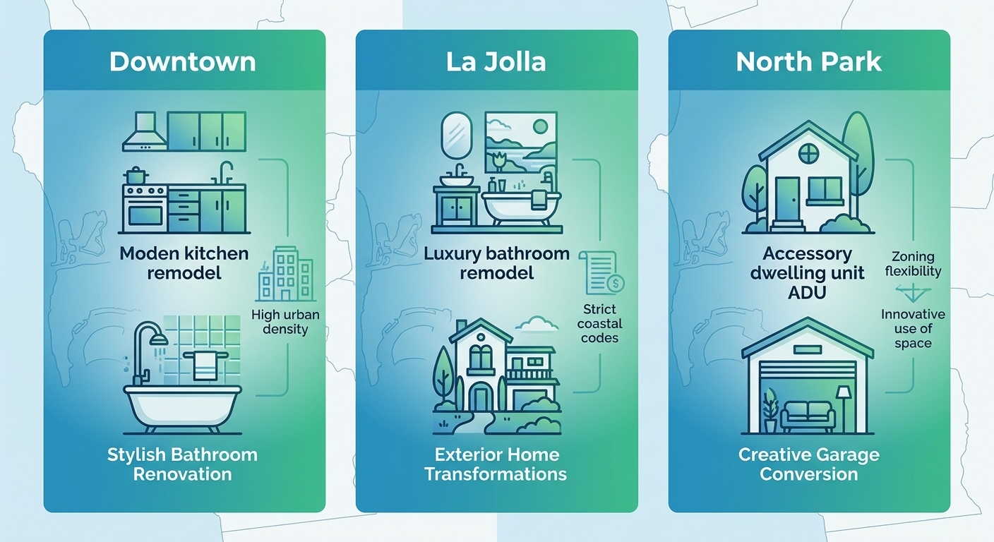 Infographic of San Diego remodeling neighborhoods Downtown, La Jolla, North Park with popular remodel icons and local factors