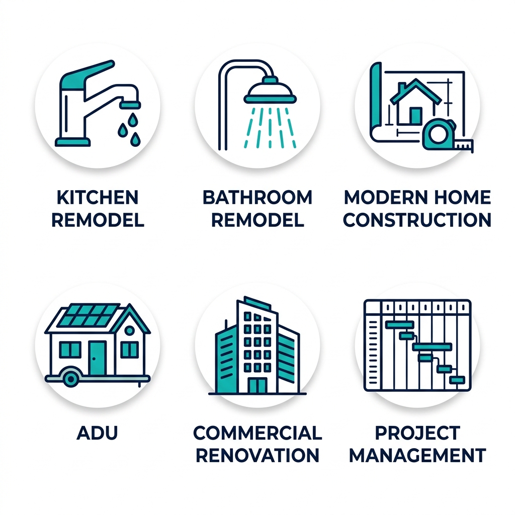 2x3 grid of flat outline icons for San Diego construction services: kitchen remodel faucet, bathroom remodel shower, modern home blueprint, ADU tiny home, commercial skyscraper, project management gantt chart, teal and navy on white.