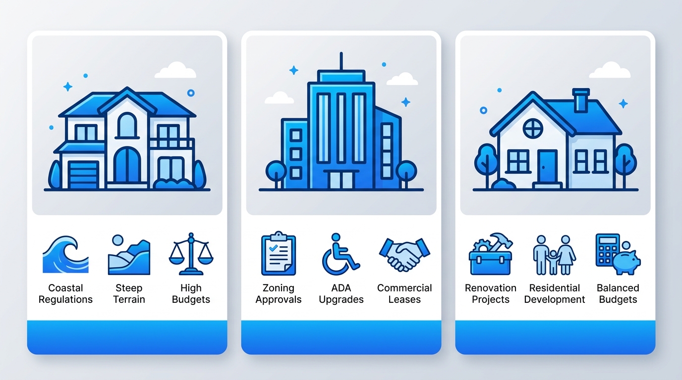 Infographic comparing construction considerations in La Jolla, Downtown, and Mission Valley neighborhoods of San Diego