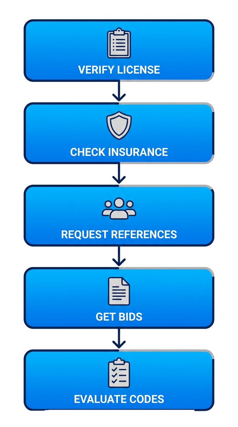 Vertical process flow diagram of 5 steps to hire a commercial plumber in San Diego: verify license, check insurance, request references, get bids, evaluate code knowledge with icons.