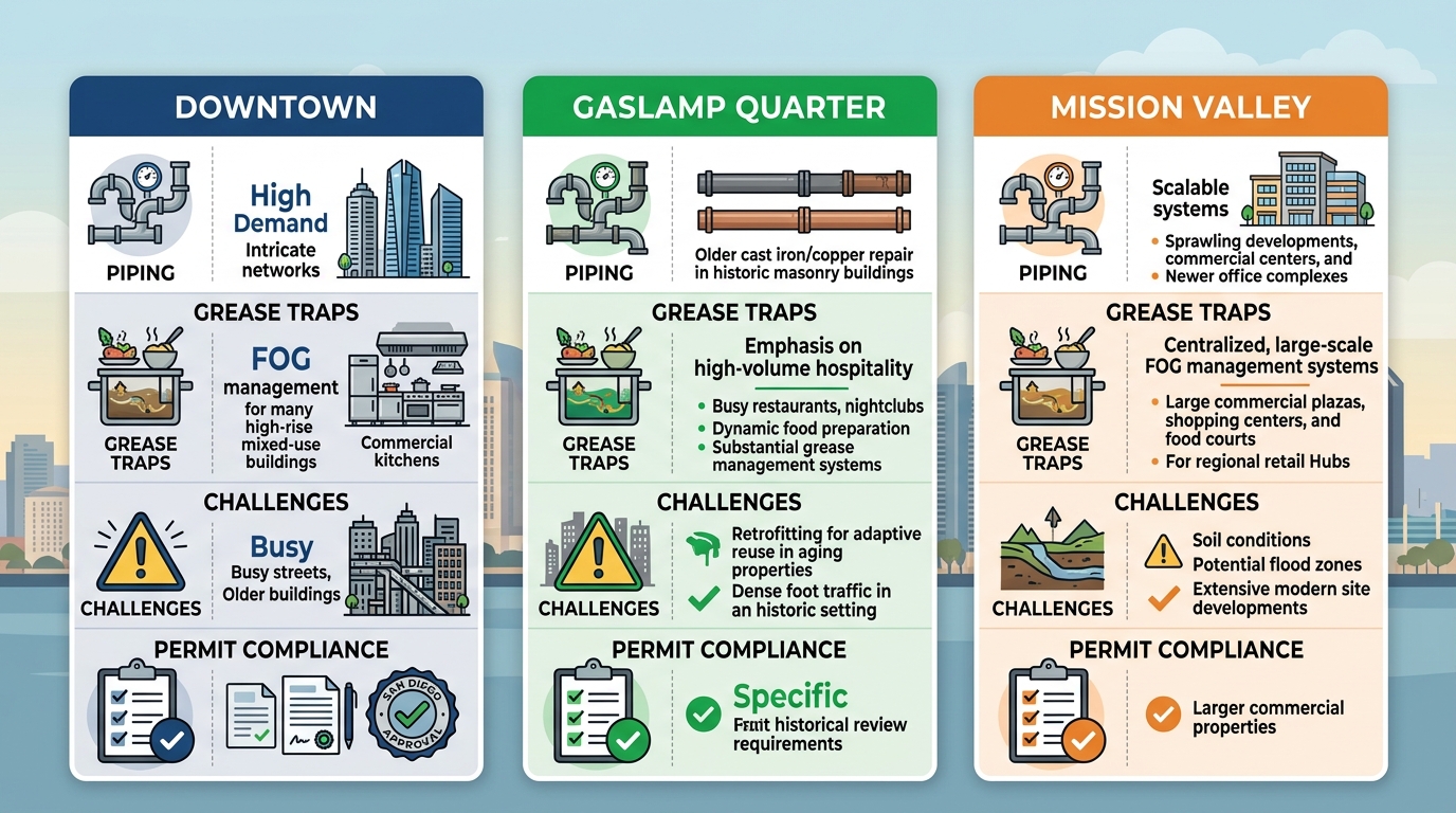 Infographic visualizing commercial plumbing services, challenges, and compliance across San Diego neighborhoods Downtown, Gaslamp Quarter, and Mission Valley