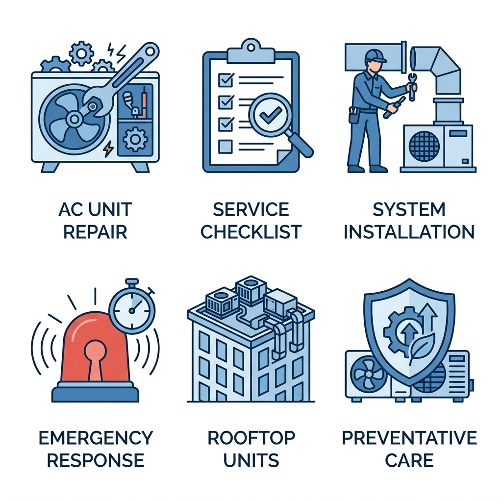 Grid of six icons illustrating commercial HVAC services: repair, maintenance, installation, emergency response, rooftop units, and preventative care.