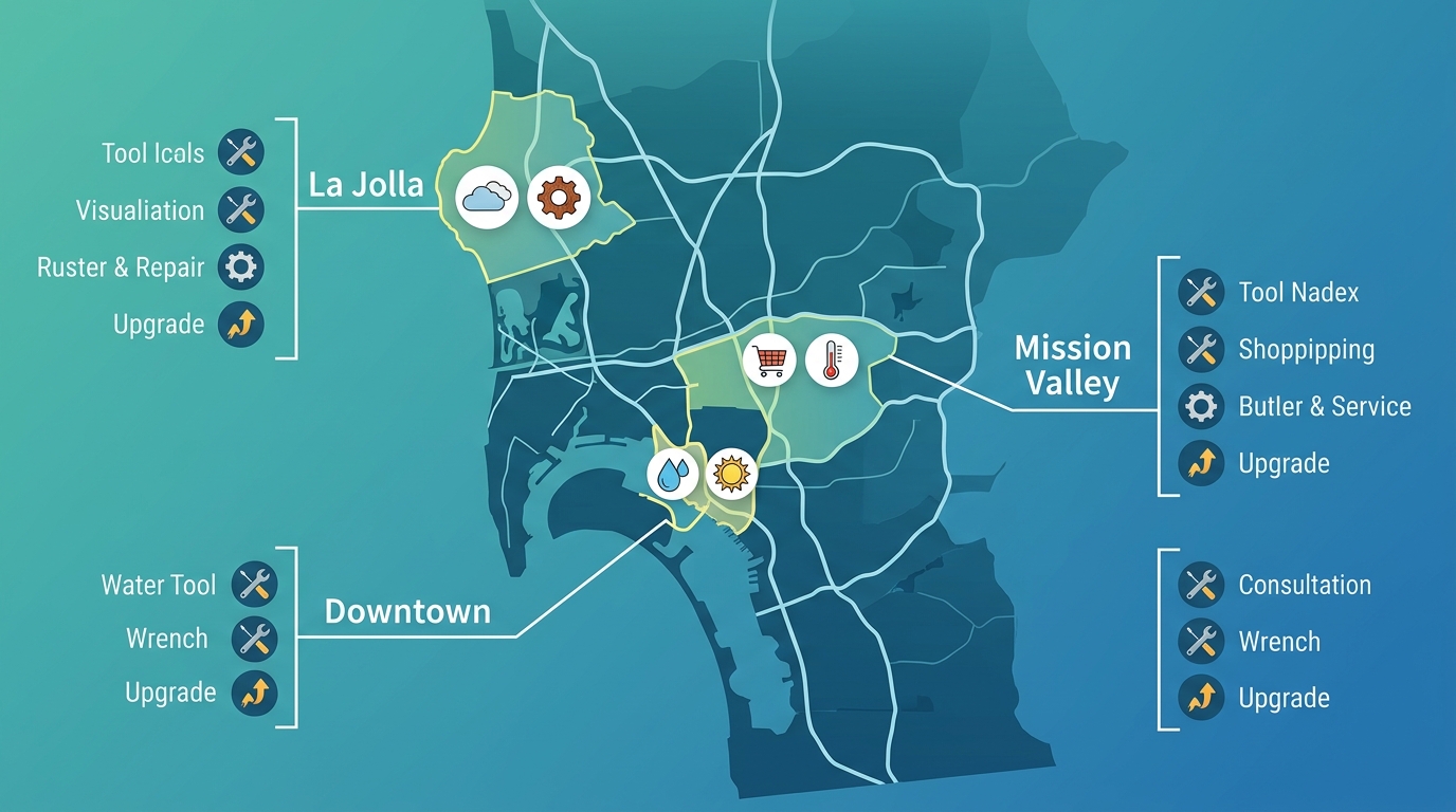 Infographic of San Diego commercial HVAC landscape map with zone-specific icons and services