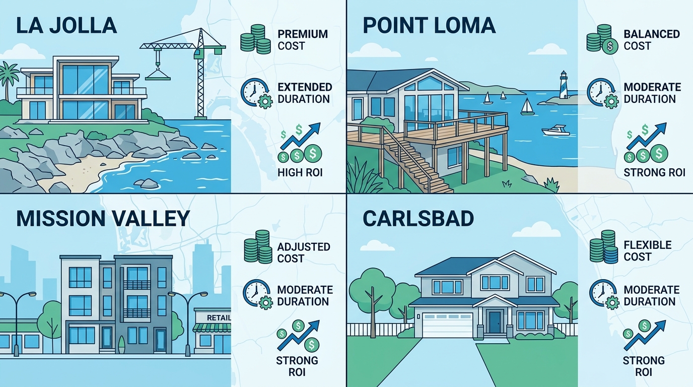 Infographic comparing four San Diego neighborhoods for renovations: La Jolla, Point Loma, Mission Valley, Carlsbad with cost, duration, ROI icons