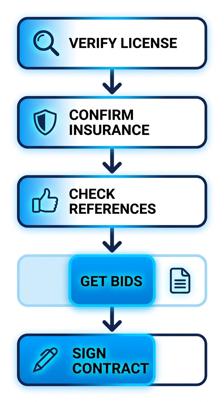 Vertical process flow diagram illustrating five steps to select a licensed contractor for San Diego home renovation: license verification, insurance confirmation, reference checks, multiple bids, and contract signing with icons.