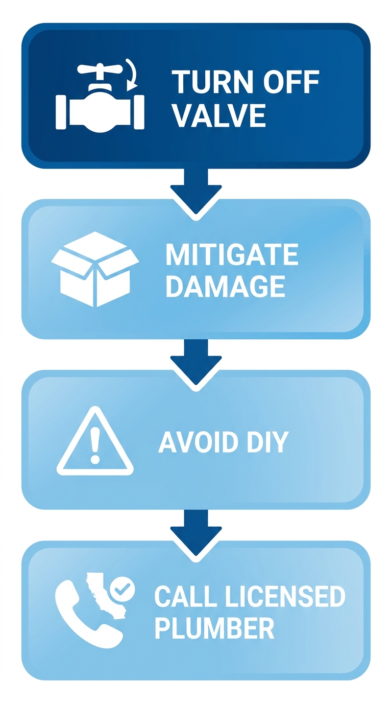 Vertical process flow illustrating four steps for handling plumbing emergencies: turn off main valve, mitigate damage, avoid DIY fixes, call verified licensed plumber.