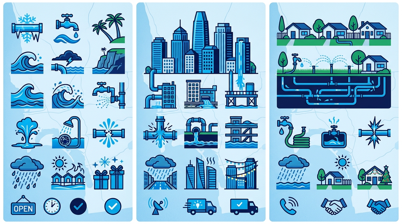 Infographic showing plumbing emergencies and seasonal peaks across San Diego neighborhoods La Jolla, Downtown, and Chula Vista using blue-themed modern icons and subtle map background.