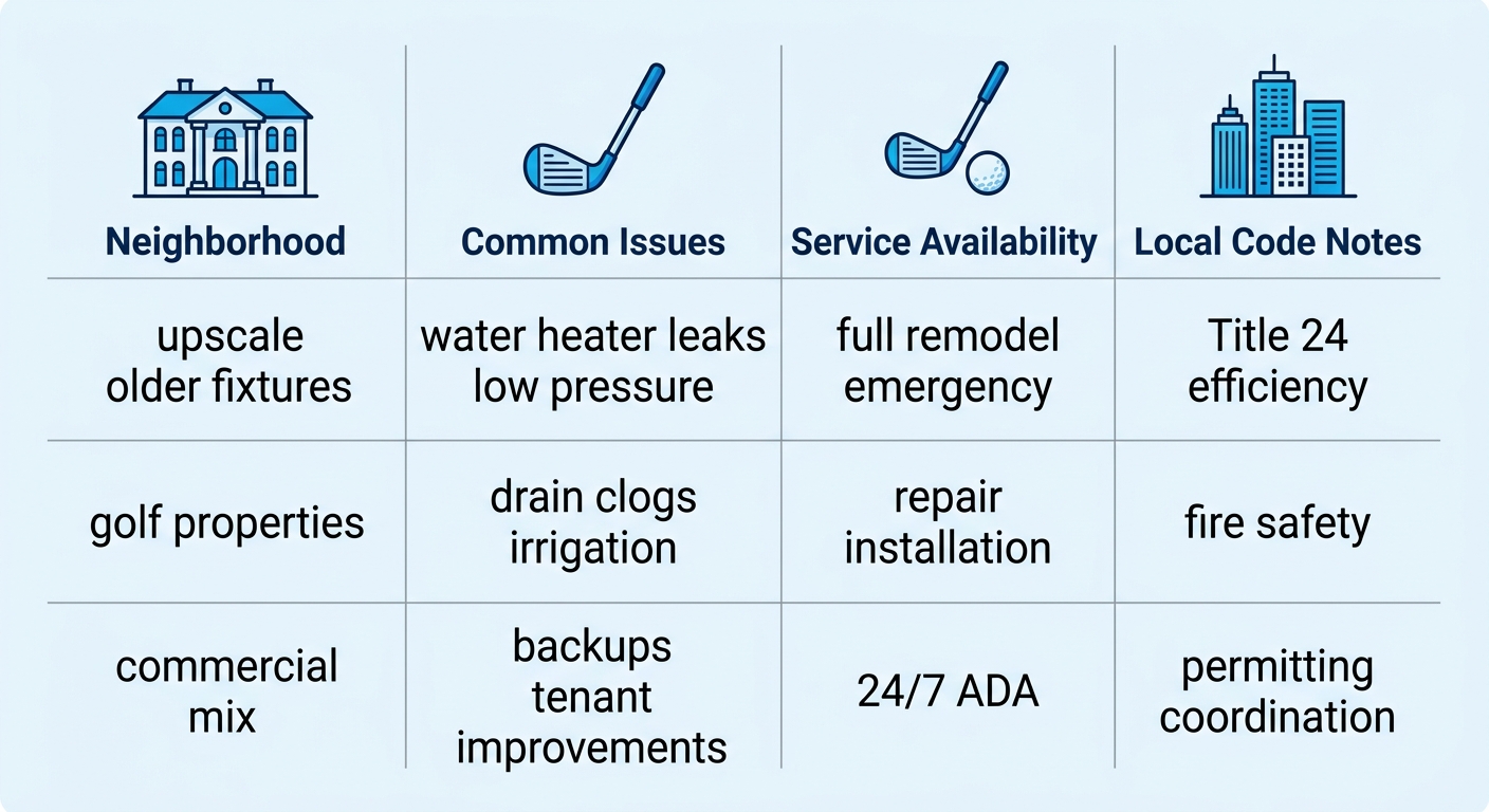 Infographic comparing plumbing issues, services, and codes in Carlsbad neighborhoods: La Costa, Aviara, Village