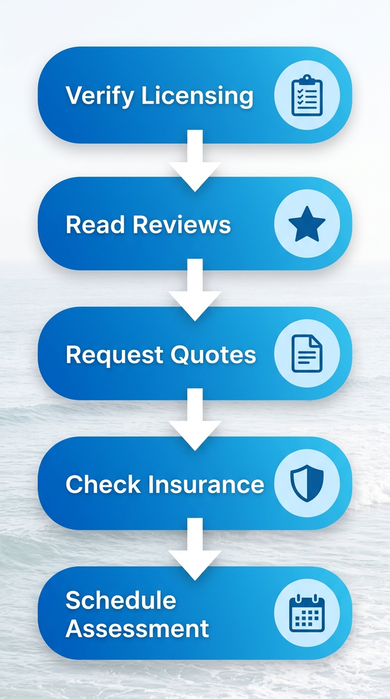 Vertical process flow diagram illustrating five steps to hire a reliable plumber in Carlsbad, California