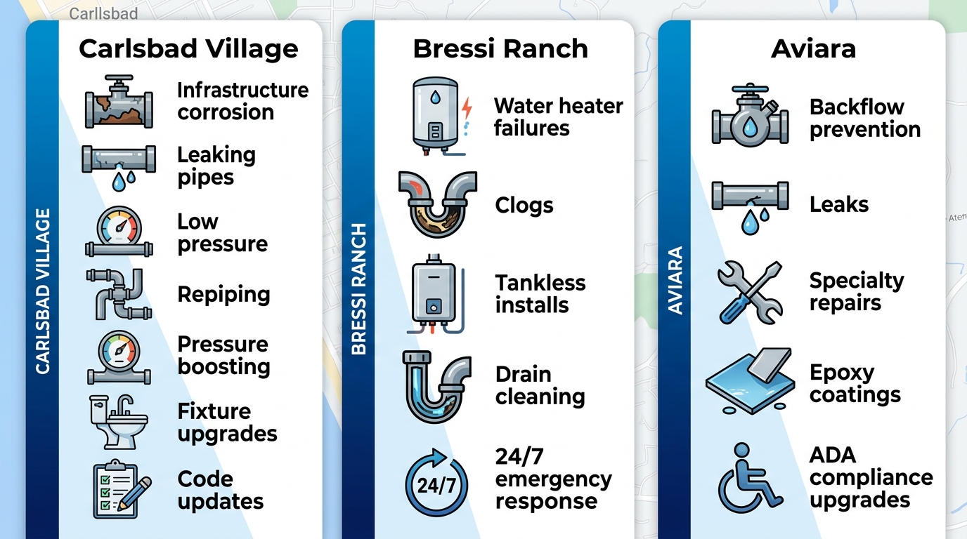 Infographic comparing plumbing service needs in Carlsbad Village, Bressi Ranch, and Aviara neighborhoods with icons and short labels
