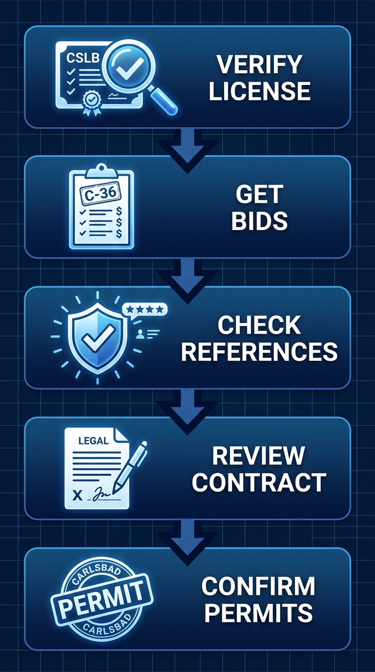 Vertical process flow diagram illustrating five key steps to hire a licensed plumber in Carlsbad: verify C-36 license, obtain bids, check references and insurance, review contract, confirm permits.