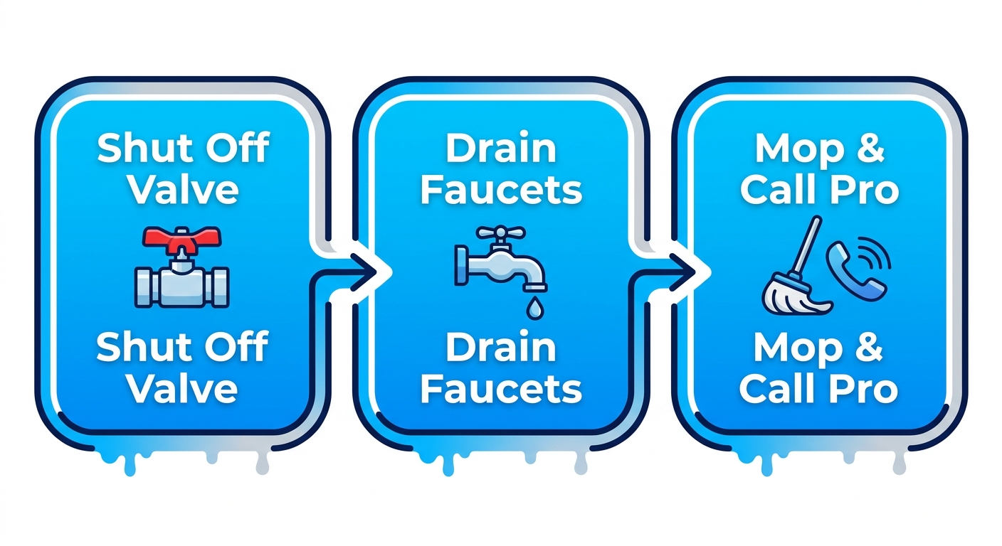 Horizontal process flow for plumbing emergency response: shut off valve, drain faucets, mop and contact professional.