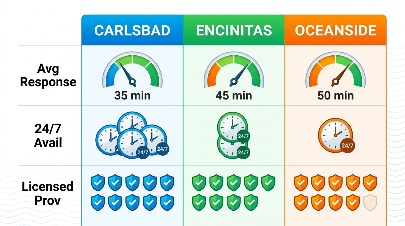 Infographic table comparing emergency plumbing metrics like response time, availability, and licensed providers across Carlsbad, Encinitas, and Oceanside.