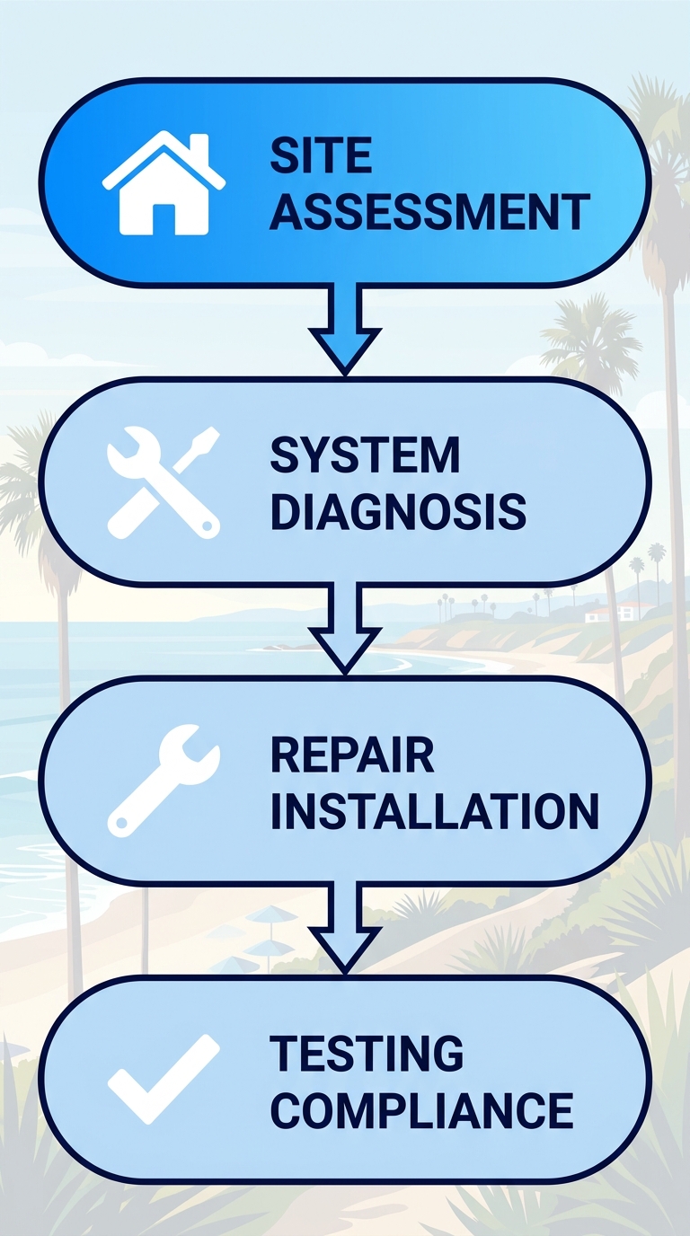 Four-stage process flow diagram for HVAC repair and installation in Carlsbad featuring site assessment, diagnosis, repair, and testing.