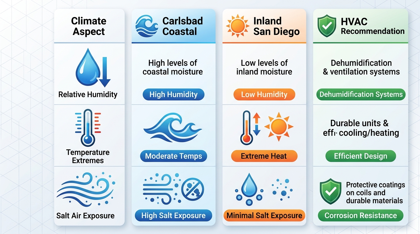 Infographic comparing Carlsbad coastal climate factors like humidity, temperature, and salt air on HVAC systems versus inland San Diego areas, with recommendations.