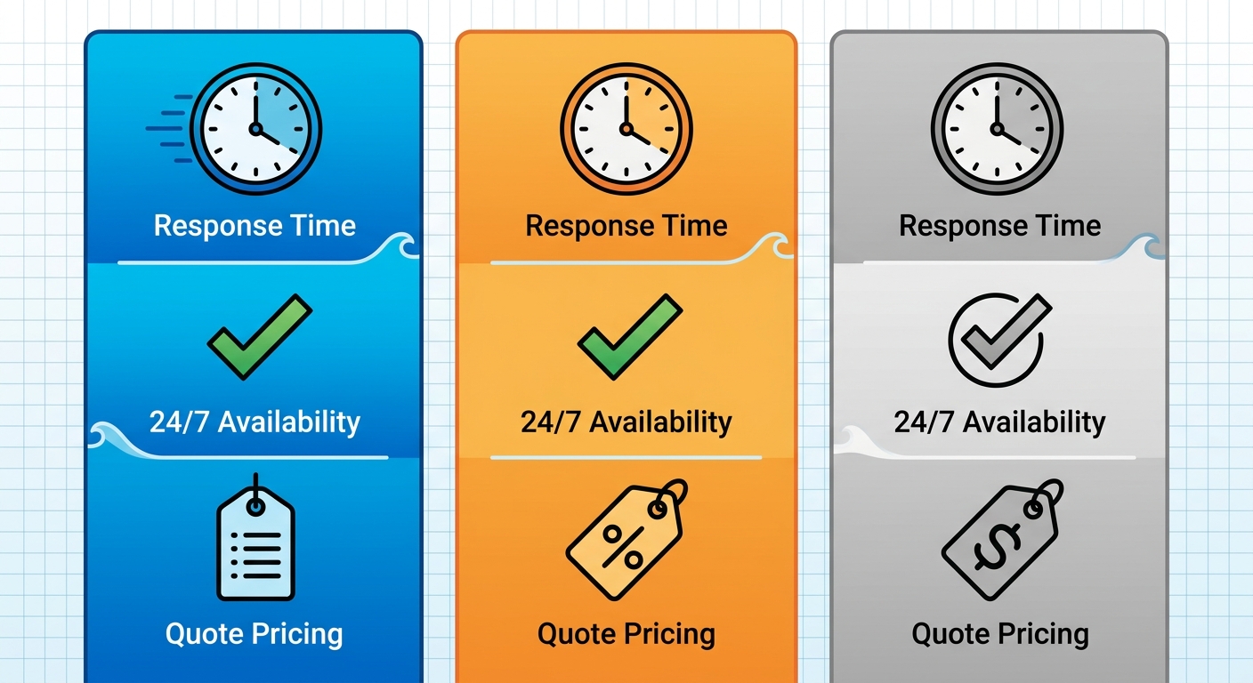 Infographic comparison of HVAC emergency response times, availability, and pricing across Carlsbad, San Diego, and Encinitas with icons and colors emphasizing local advantages