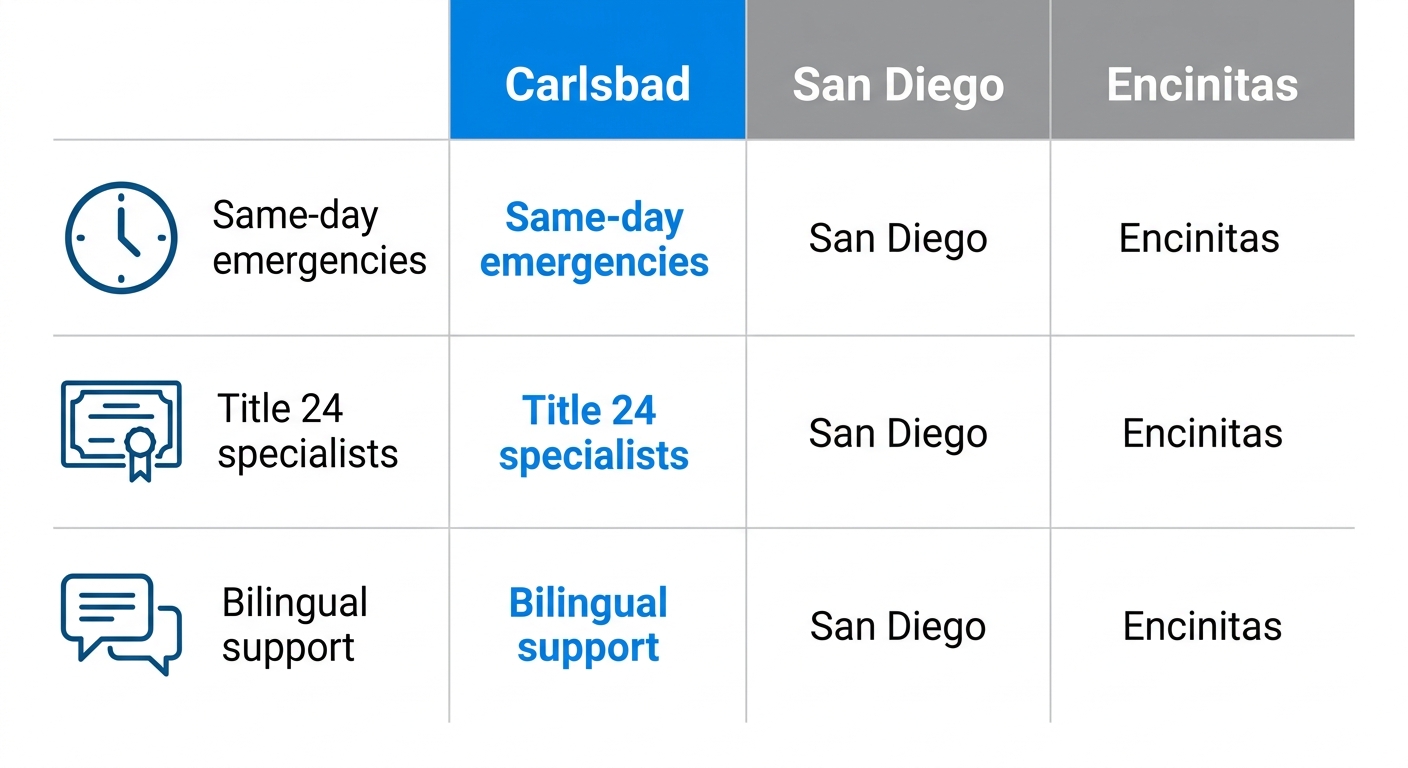 Infographic comparing HVAC service aspects like response time, code compliance, and bilingual support across Carlsbad, San Diego, and Encinitas.