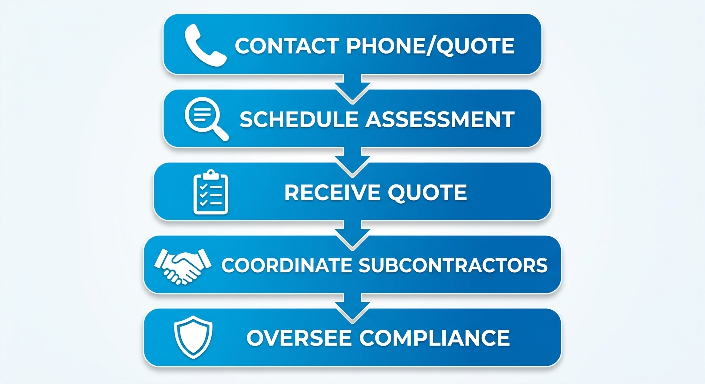 Vertical process flow diagram illustrating 5 steps to arrange HVAC repair in Carlsbad: contact, schedule assessment, receive quote, coordinate subcontractors, oversee repair compliance.
