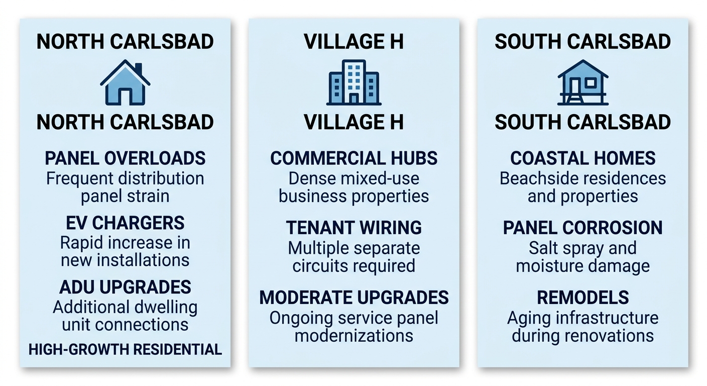 Infographic comparing electrical infrastructure needs across Carlsbad neighborhoods with icons and key details