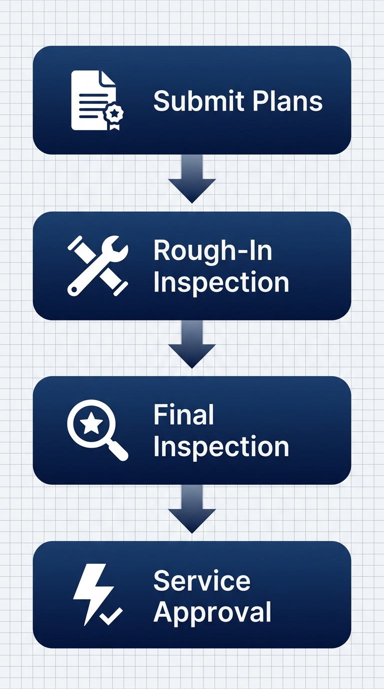 Vertical process flow diagram illustrating Carlsbad electrical permitting steps: submit plans, rough-in inspection, final inspection, and service approval.