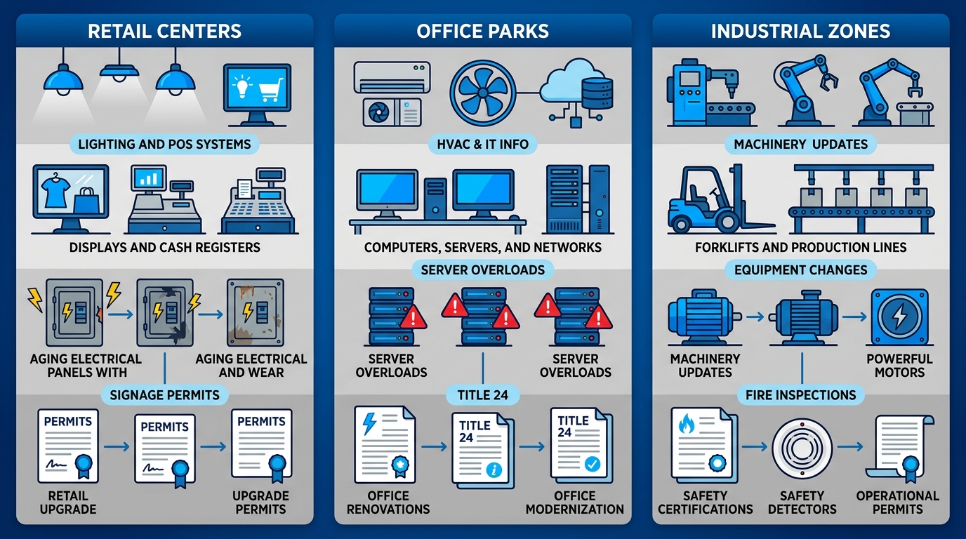 Infographic comparing electrical demands in Carlsbad retail centers, office parks, and industrial zones