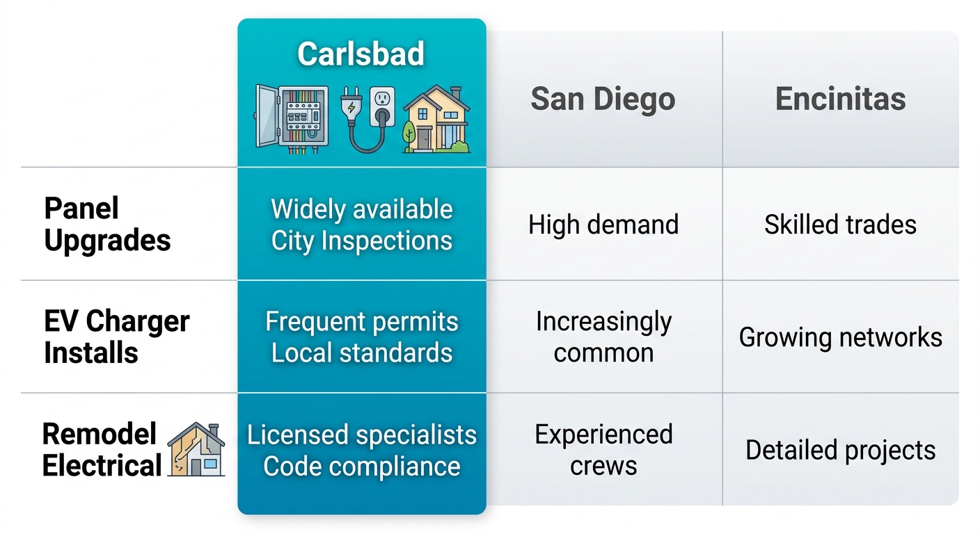 Infographic comparing electrical services availability in Carlsbad, San Diego, and Encinitas, highlighting Carlsbad expertise