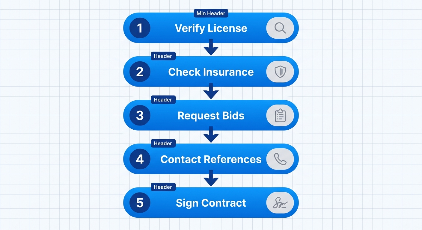 Vertical process flow diagram outlining 5 steps to hire a residential electrician in Carlsbad: verify license, check insurance, request bids, contact references, sign contract.