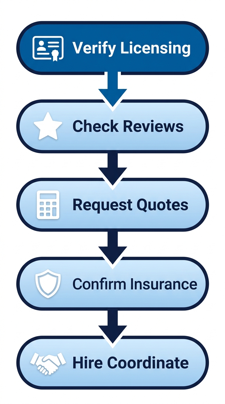 Vertical process flow diagram with 5 steps to find and hire an electrician in Encinitas, featuring icons and blue gradients.