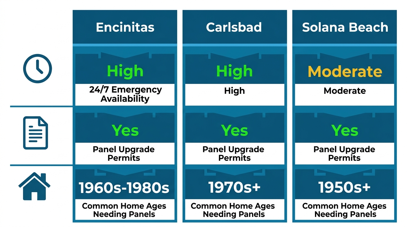 Infographic comparing electrical service factors like emergency availability, permits, and home ages in Encinitas, Carlsbad, Solana Beach.