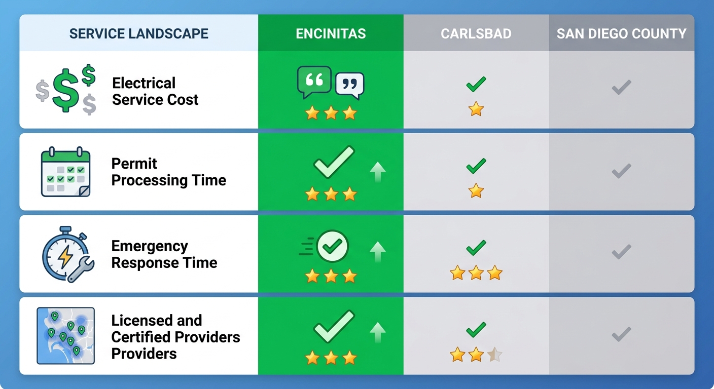 Infographic table comparing electrical services in Encinitas, Carlsbad, and San Diego County across cost, permits, response time, and providers, highlighting Encinitas superiority