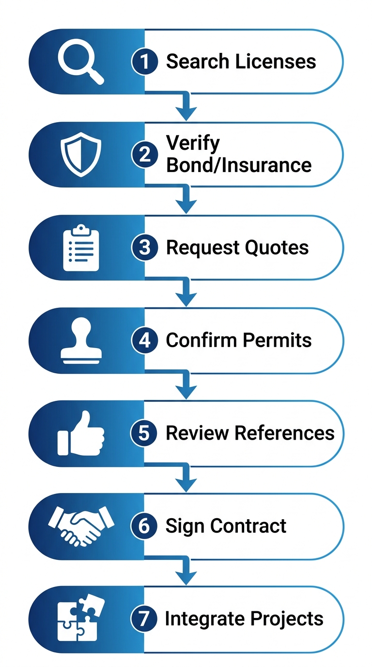 Vertical process flow diagram illustrating 7 steps to hire an electrician in Encinitas, California, from license search to project integration.