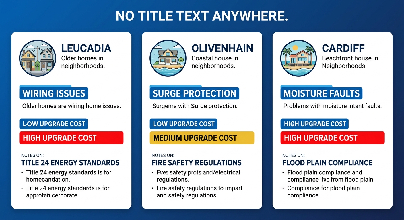 Infographic comparing electrical upgrade needs in Encinitas neighborhoods: Leucadia, Olivenhain, Cardiff with icons and color-coded bars