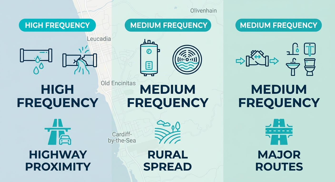 Infographic comparing plumbing issues and response factors in Encinitas neighborhoods Leucadia, Olivenhain, Cardiff-by-the-Sea